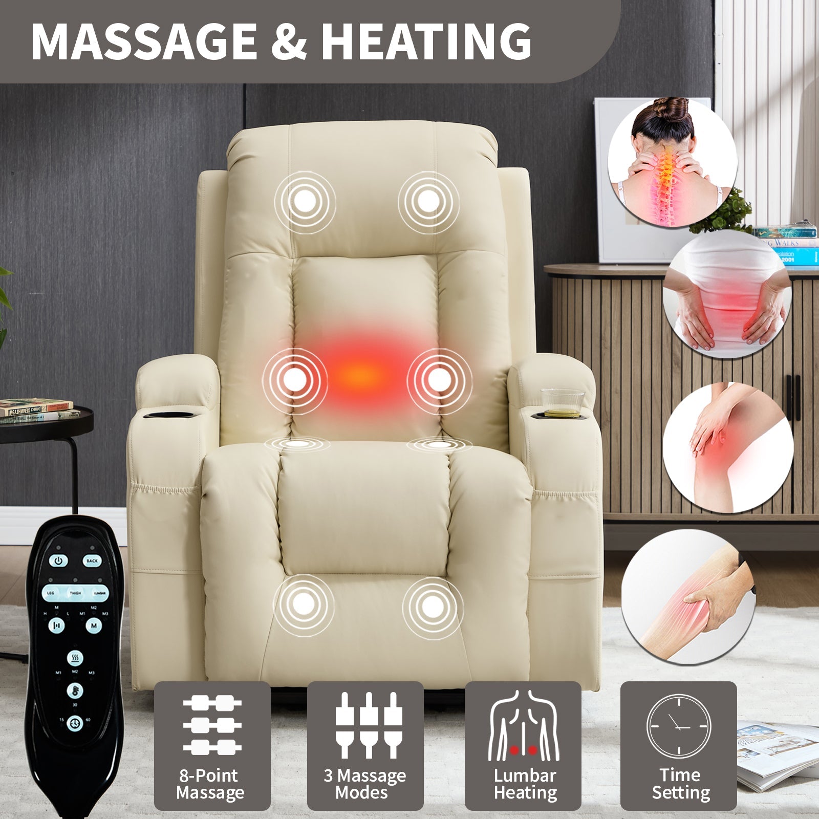 Beige PU Infinite Position Up to 350 LBS Power Lift Recliner Chair for Elderly, Heavy Duty Motion Mechanism with 8-Point Vibration Massage and Lumbar Heating, USB Charging Port, Cup Holders