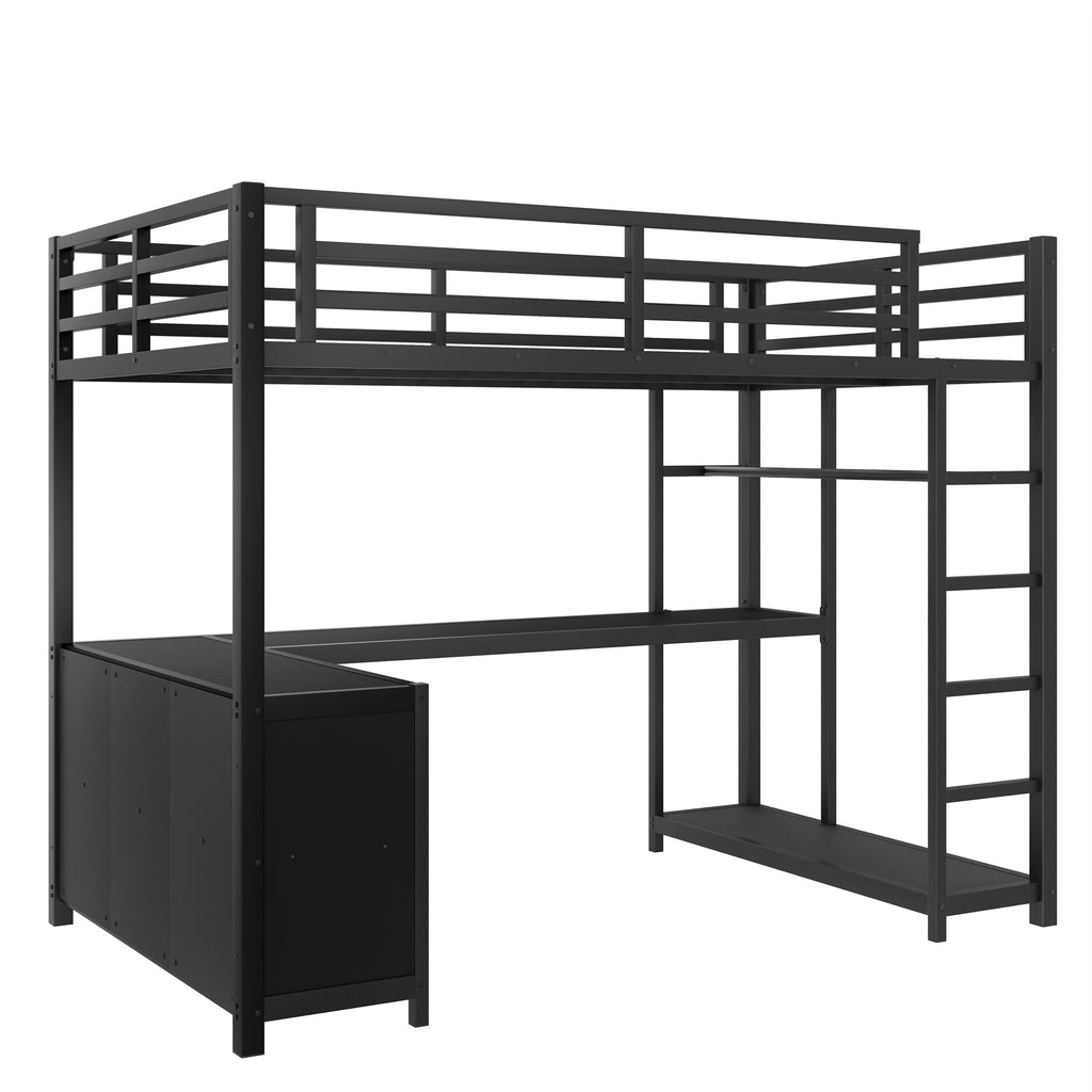Metal Loft Bed with Wardrobe and L-shaped Desk, Twin XL Size Loft Bed with Storage Cubes and Shelves, Loft Bed for Kids Teens Adults, Black