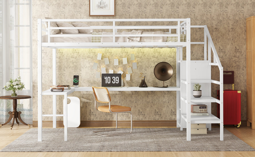 Full Size Loft Bed with L-shaped Desk and USB, Metal Loft Bed with Wardrobe and Adjustable Shelf, High Loft Bed with LED for Kids Teens Adults, White