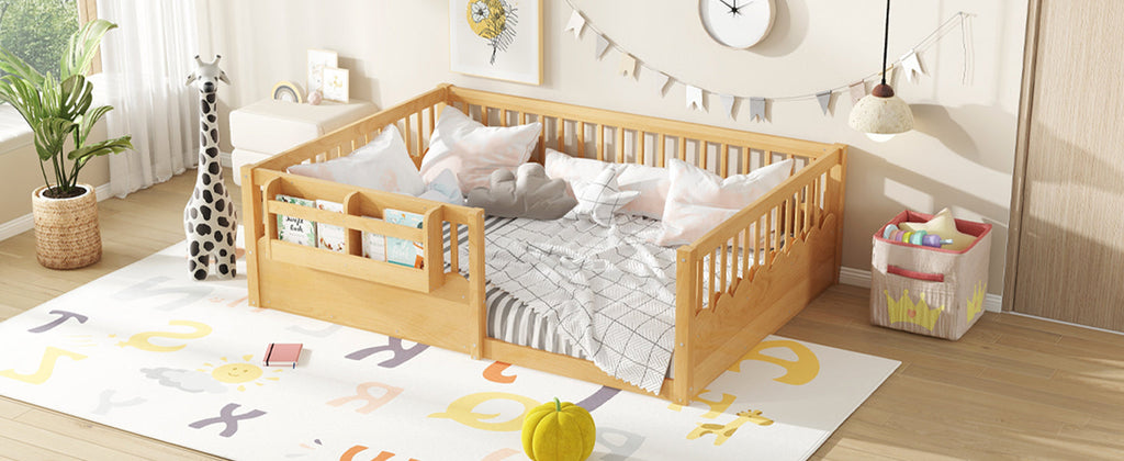 Full Floor bed with Heightened Fence and bookshelf ,Wood Floor Bed for Kids,Natural.