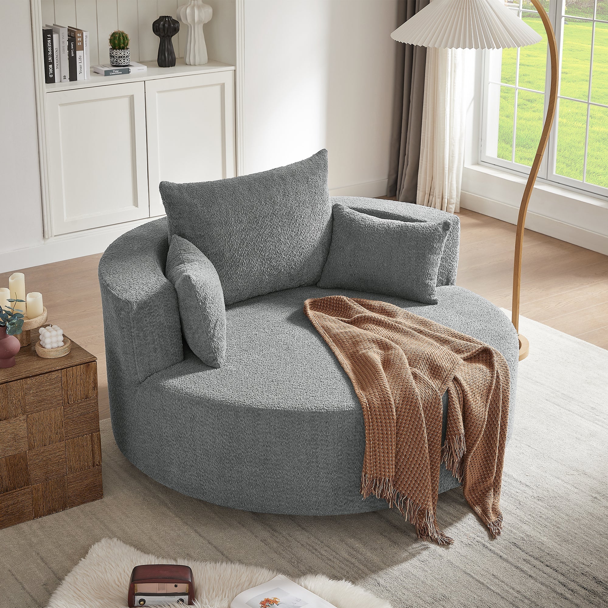 Modern Accent Swivel Barrel Chair with Removable Pillows, Grey Chenille, 56.3x56.3x35.5 in