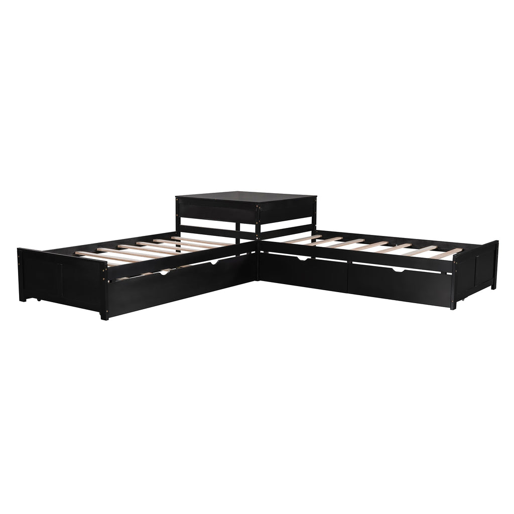 L-shaped Platform Bed with Trundle and Drawers Linked with built-in Desk,Twin,Espresso(Old SKU:SM000916AAP)