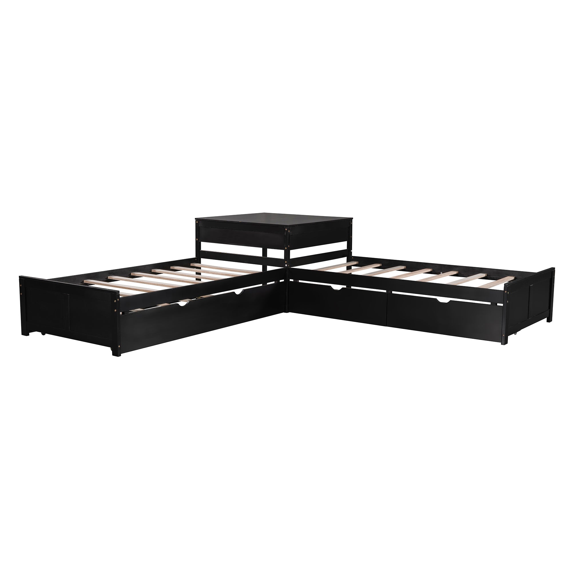 L-shaped Platform Bed with Trundle and Drawers Linked with built-in Desk,Twin,Espresso(Old SKU:SM000916AAP)
