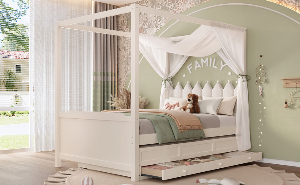 Full Platform Bed with Upholstered Headboard,Twin Size Trundle and 3 Drawers,Princess Canopy Bed Frame for Kids,Storage & Easy Assembly,Beige.