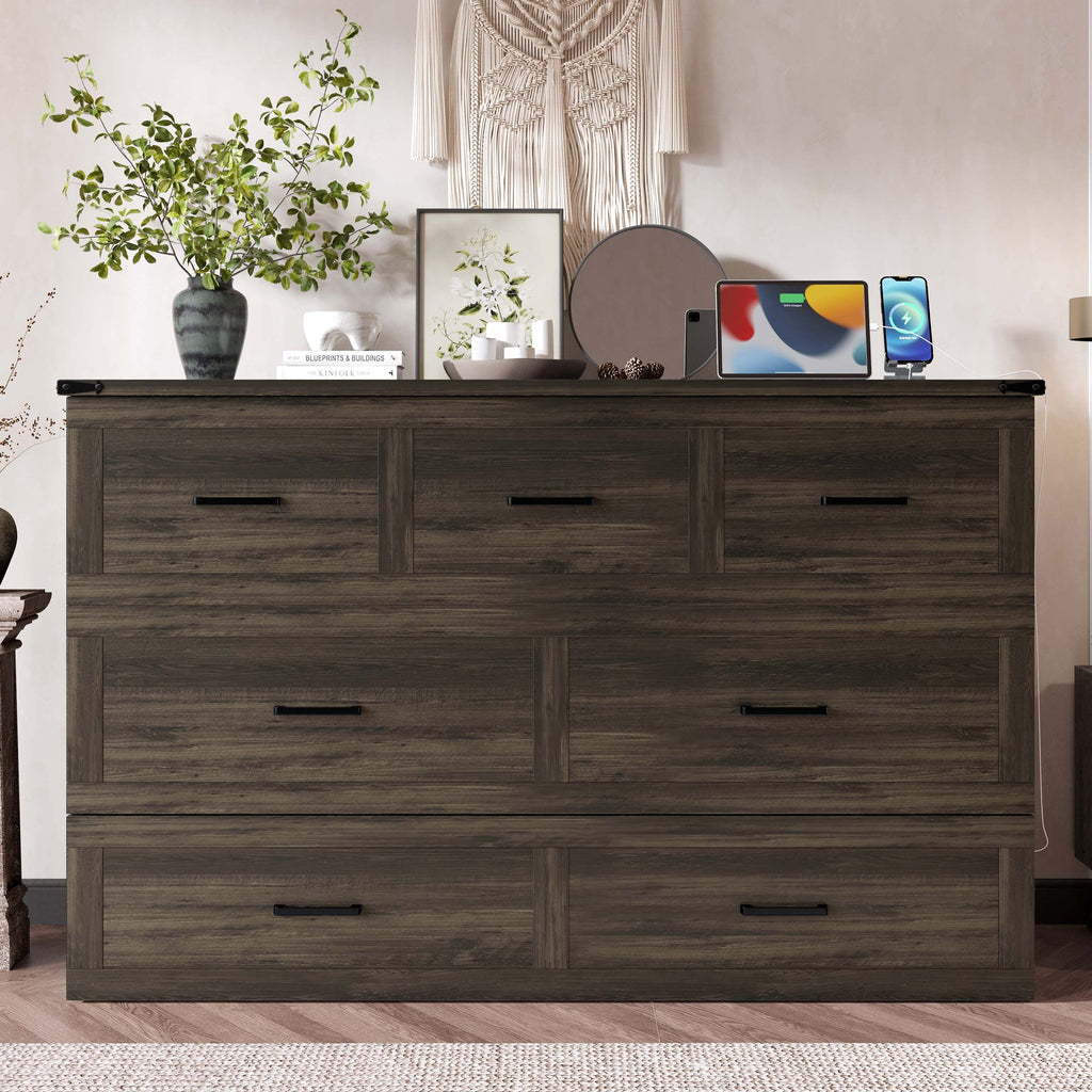 Murphy Bed Cabinet Queen Size with Charging Station, Multi-Functional Foldable Platform Bed with 1 Large Storage Drawer for Guest Room, Small Bedroom, Rustic Gray