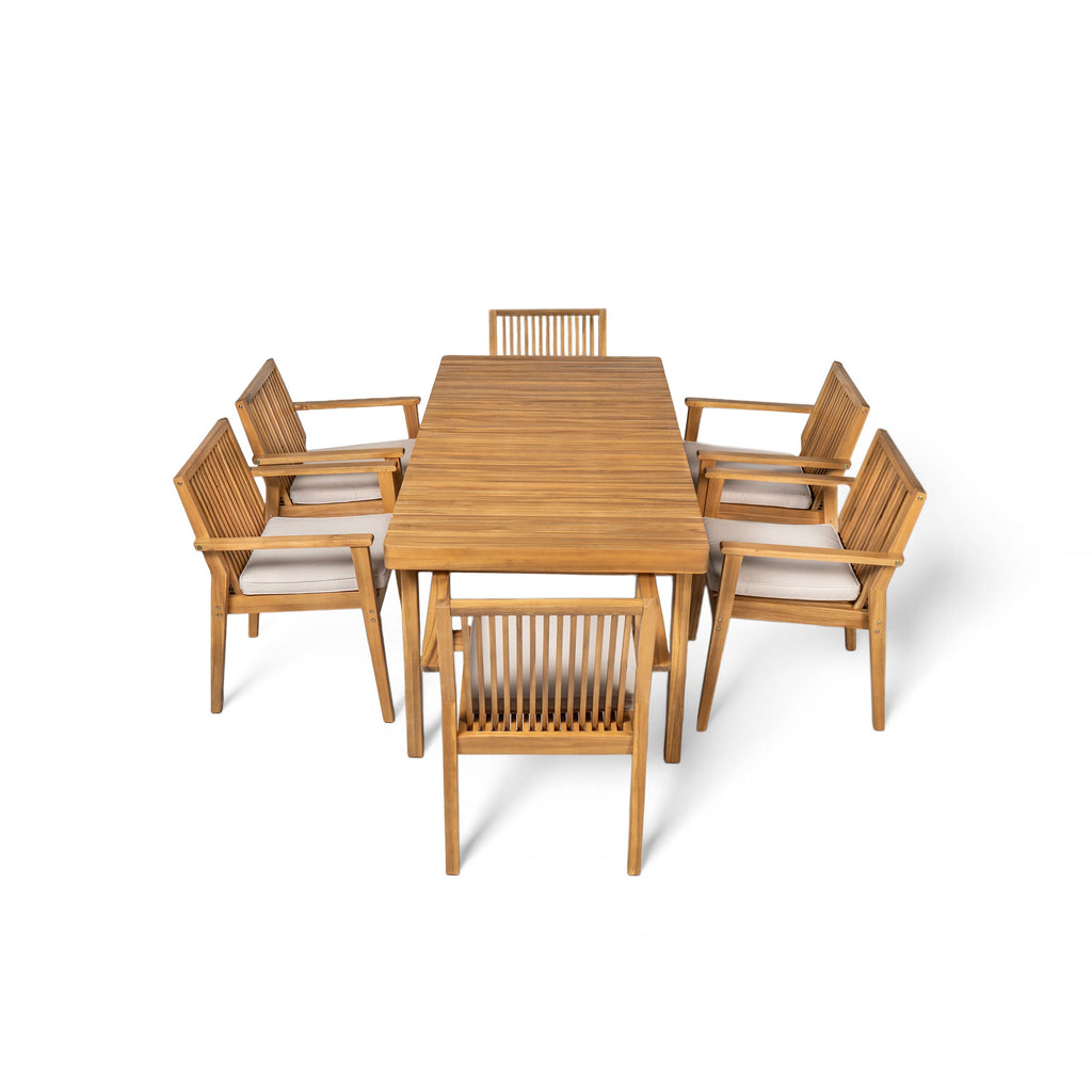 Durable 7 - Piece Patio Furniture Set Acacia Wood Table and 6 Heavy-Duty Cushioned Chairs, Natural