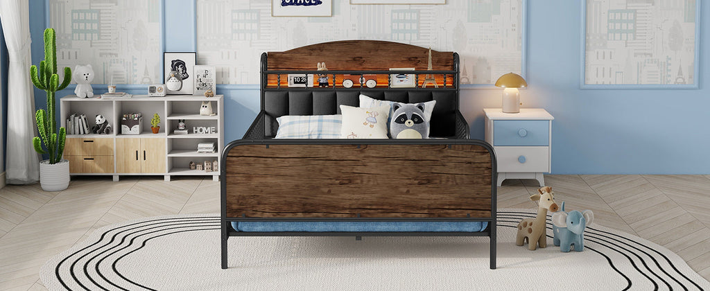 Full Size Metal Platform Bed Frame with Light, Kids Full Metal Bed with Upholstered and Storage Headboard, Black (Expect Arrival Date 2025/10/5)