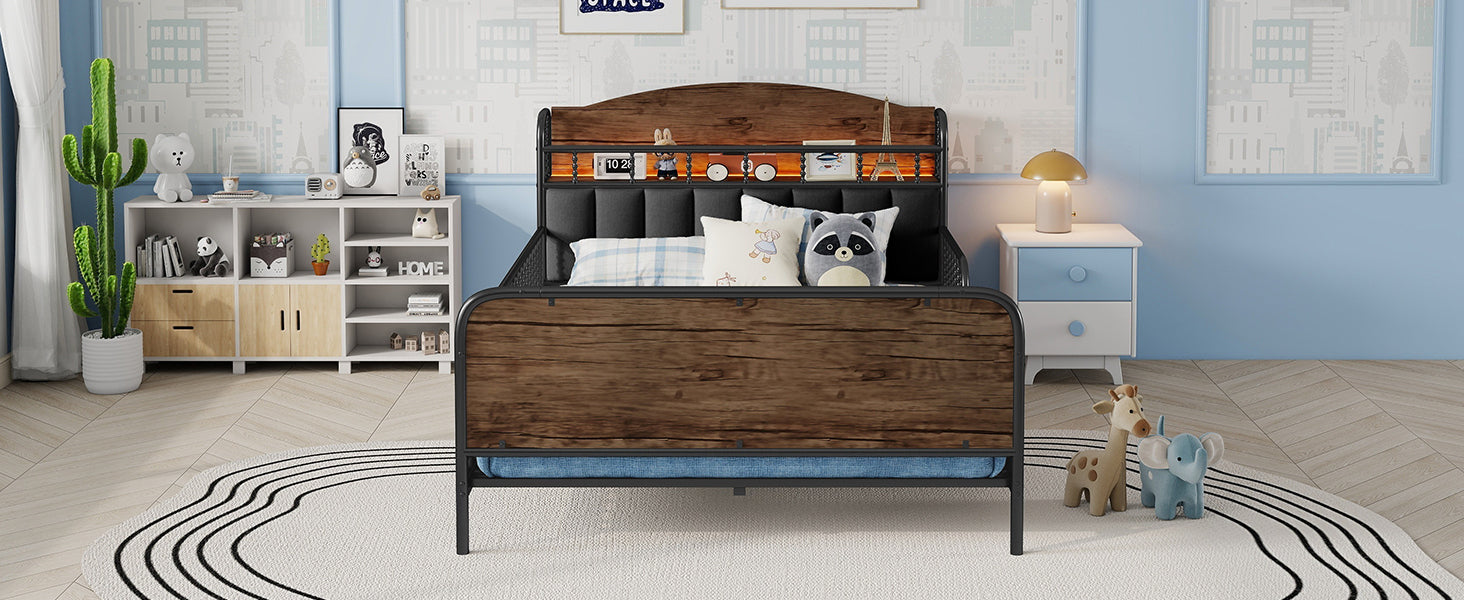 Full Size Metal Platform Bed Frame with Light, Kids Full Metal Bed with Upholstered and Storage Headboard, Black (Expect Arrival Date 2025/10/5)