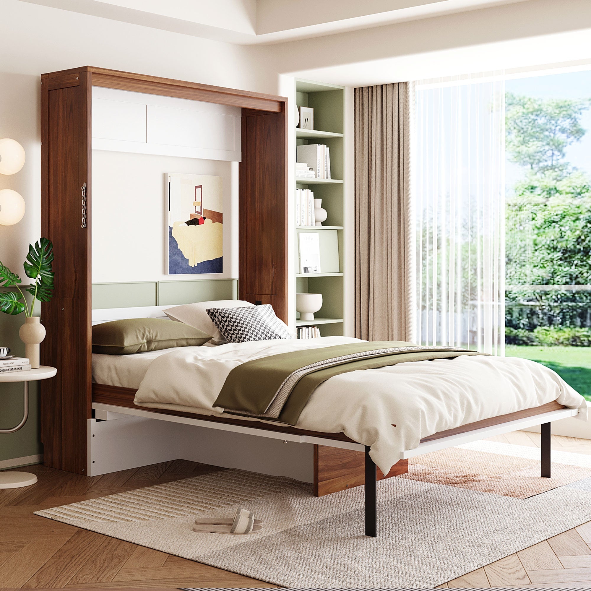 Full Size Murphy Bed with Foldable Desk – Space Saving Wall Bed - Walnut & White
