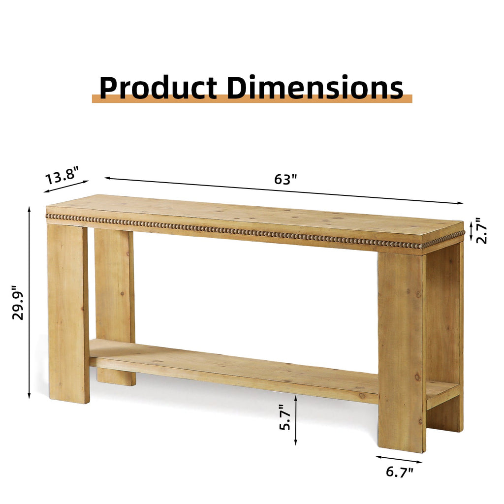 63' Boho Console Table with Storage Shelf – Rustic Farmhouse Sofa Table with Beaded Trim, 2-Tier Narrow Entryway Table for Hallway, Foyer, or Behind Couch