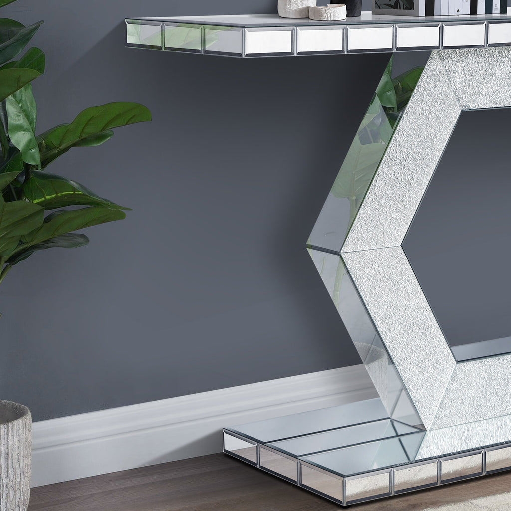 Sparkling Crystal Hexagon Mirror Entryway - Premium Modern Foyer Console Table with Diamond Glass Effects, Dual-Tier Luxury Sofa Table