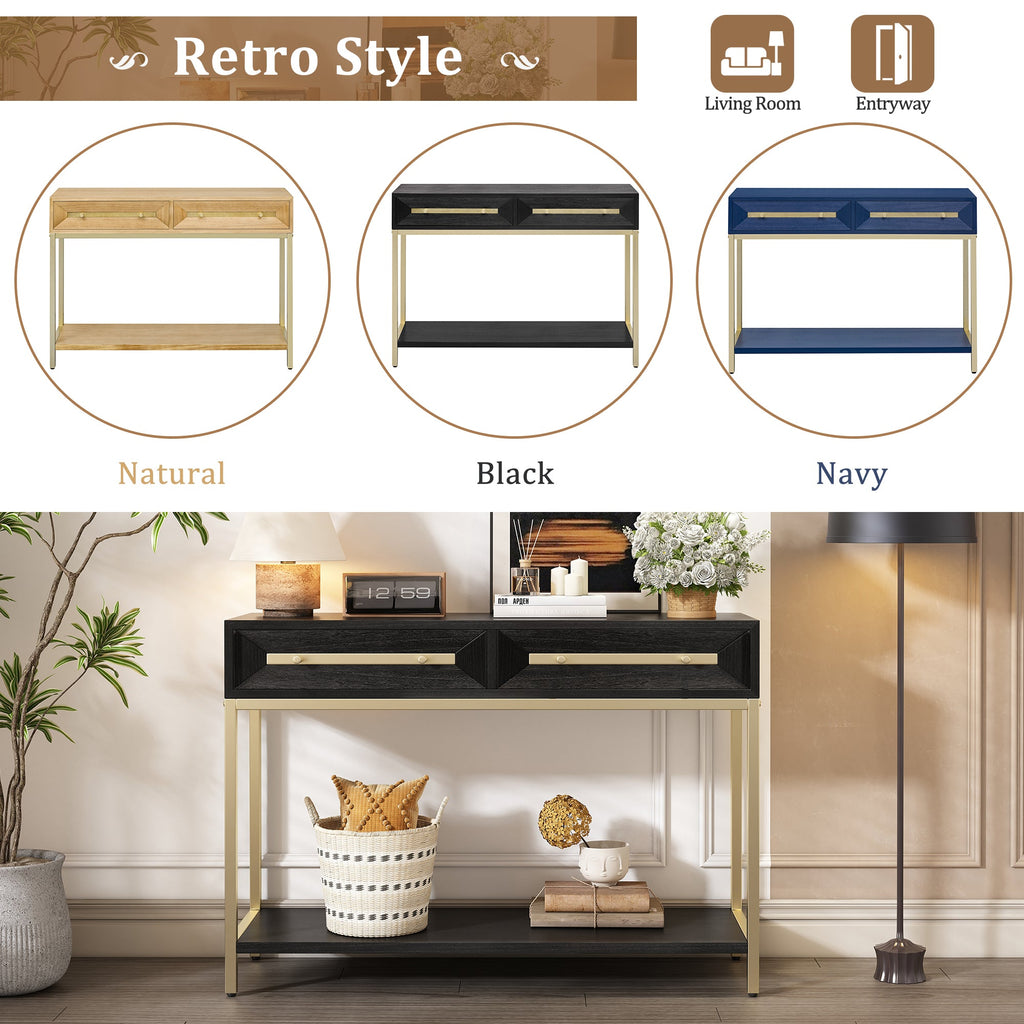 TREXM Entryway Table, Console Table with Two Drawers, Retro Hallway Table with Striking Geometric Design for Entryway and Living Room (Black)