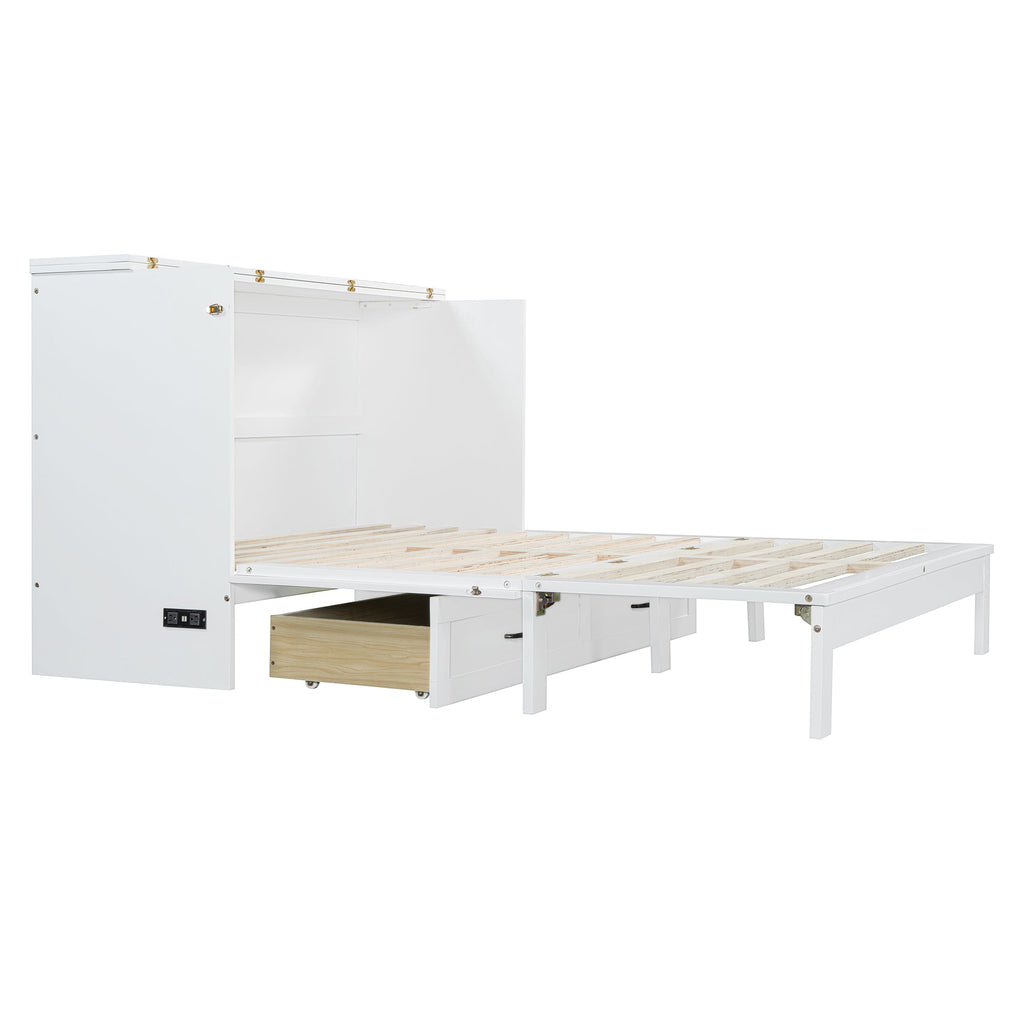 Queen Size Murphy Bed with Large Drawers, White