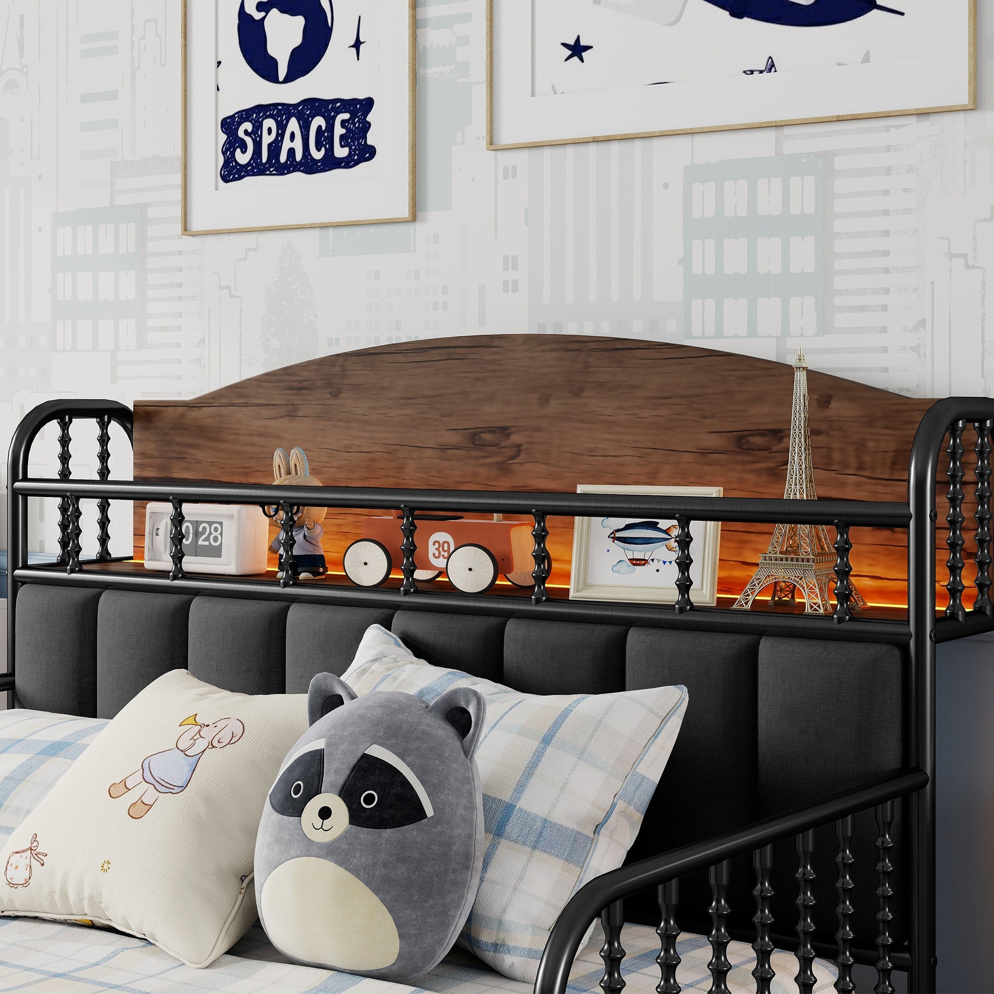 Full Size Metal Platform Bed Frame with Light, Kids Full Metal Bed with Upholstered and Storage Headboard, Black (Expect Arrival Date 2025/10/5)