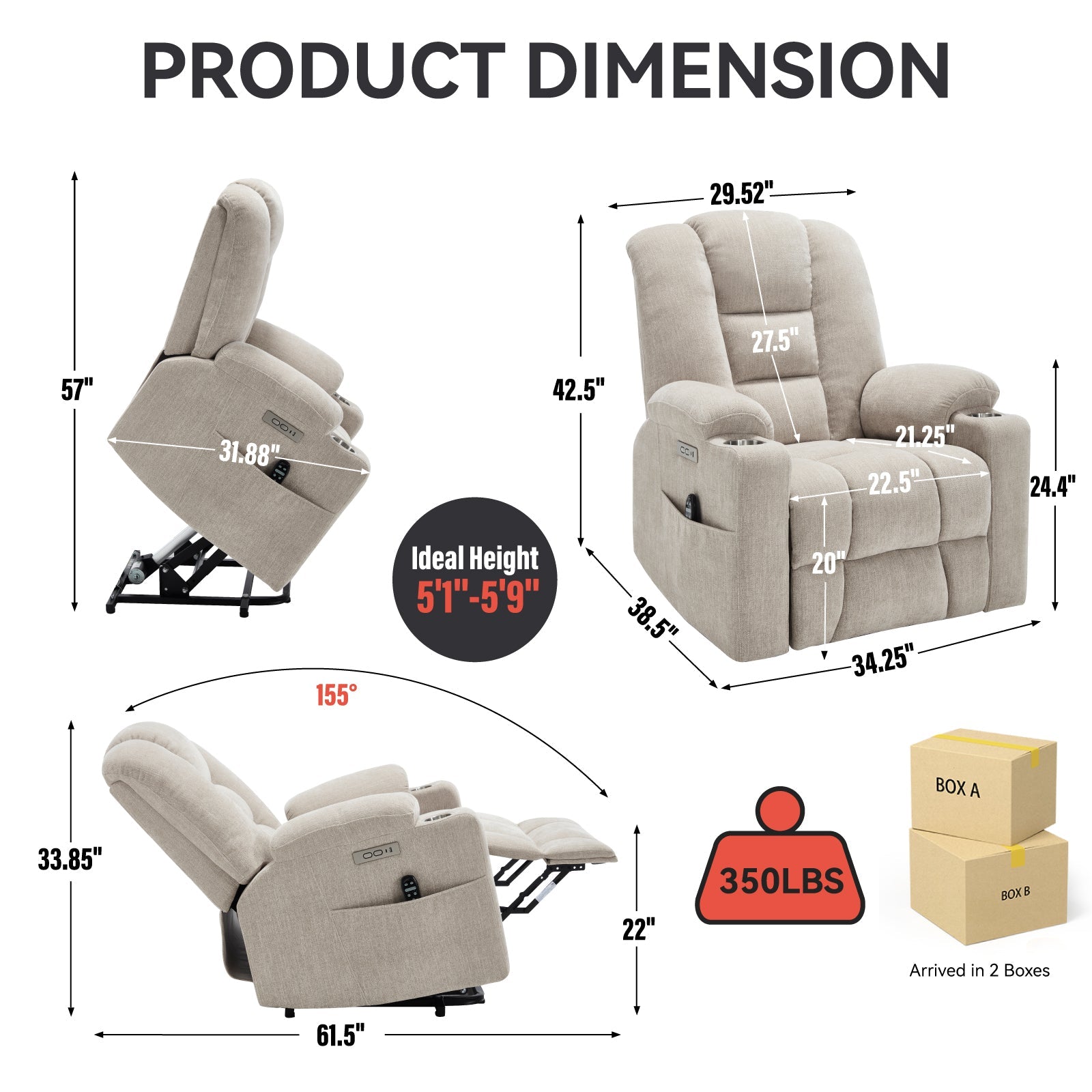 Power Lift Recliner Chair with Massage and Heat for Elderly, Overstuffed Wide Recliners, Heavy Duty Motion Mechanism with USB and Type C Ports, 2 Steel Cup Holders, Beige