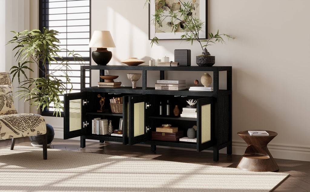 TREXM Bohemian Style Rattan Buffet Storage Cabinet with Solid Wood Frame, Sideboard with 3-position Adjustable Shelves for Living & Dining Rooms, No-Handle Push-to-Open Design (Black)