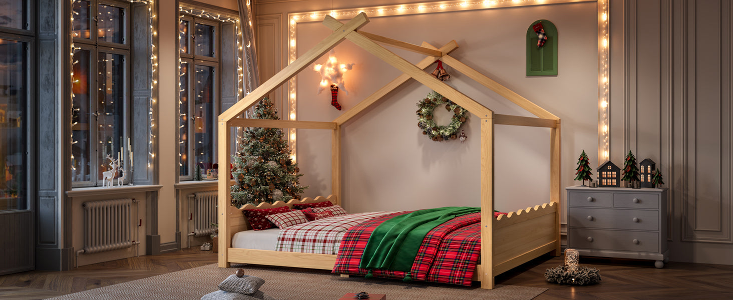 Queen House Floor Bed with Support Slats, Solid Wood House Bed Frame for Kids, No Box Spring Needed and Opening Constructure, Natural