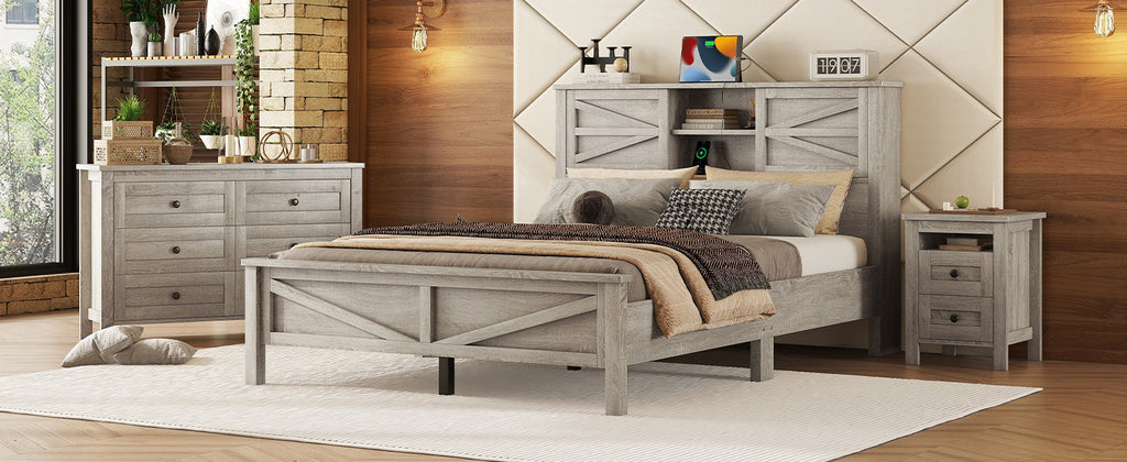 3-Pieces Bedroom Sets Queen Size Farmhouse Platform Bed with Double Sliding Door Storage Headboard and Charging Station, Storage Nightstand and Dresser, Antique Gray(Old SKU HL000092AAG)