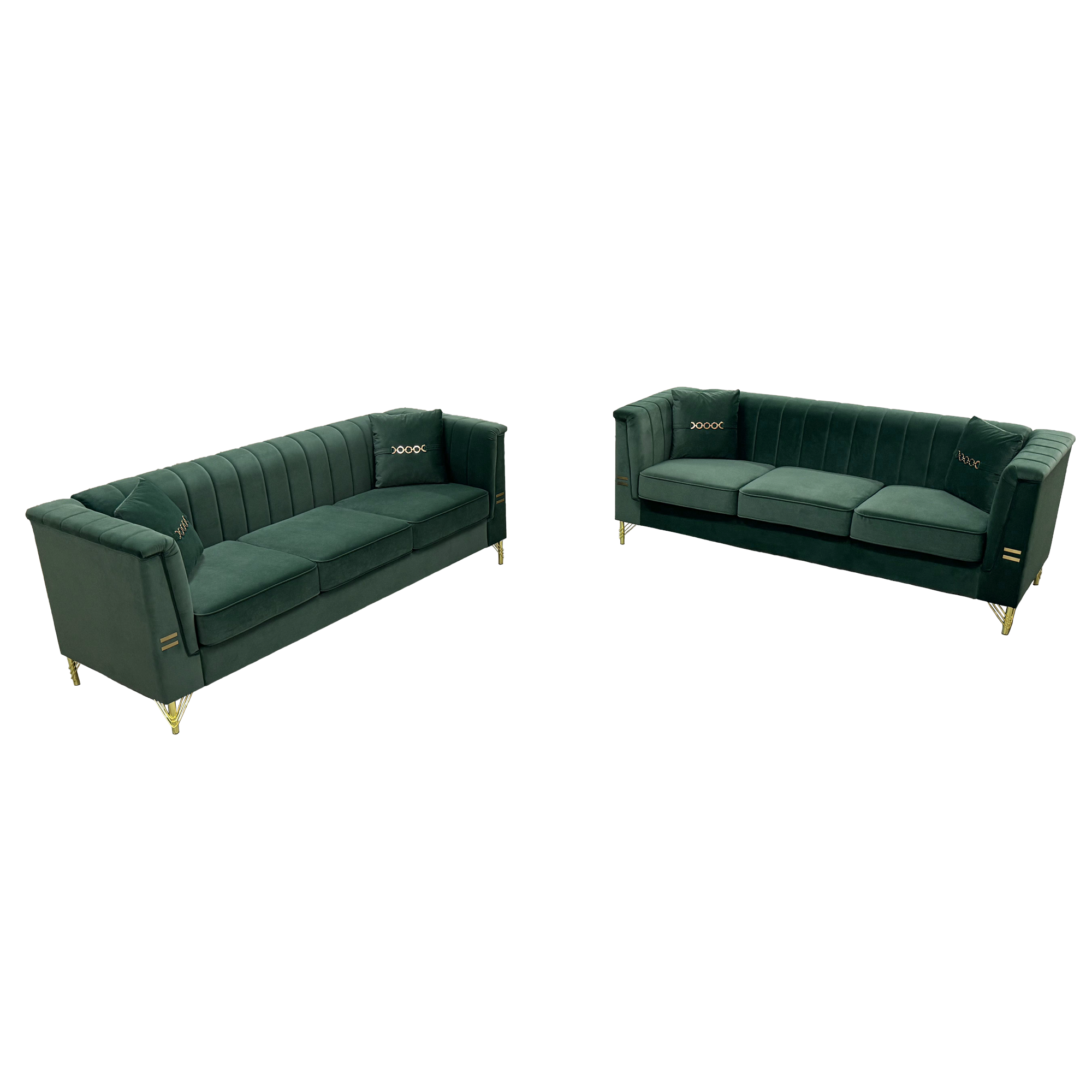 FX-P82-2PC SOFA -GR3  Green Velvet Sofa Set of 2, Two Modern 3-Seater Sofas with Plush Cushions & Gold-Tone Metal Legs  Stylish Living Room Couch Set for Homes, Apartments, and Guest Areas