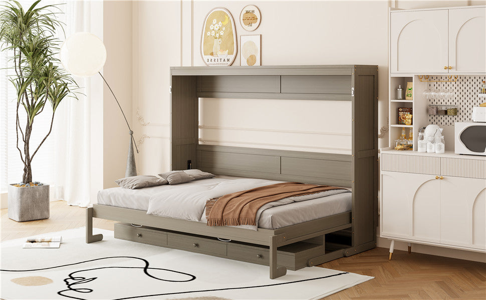 Queen Size Wall Murphy Bed with Storage, Foldable Cabinet Bed with Vanity Desk, Center Mirror & 2 Side Drawers, Distressed Gray