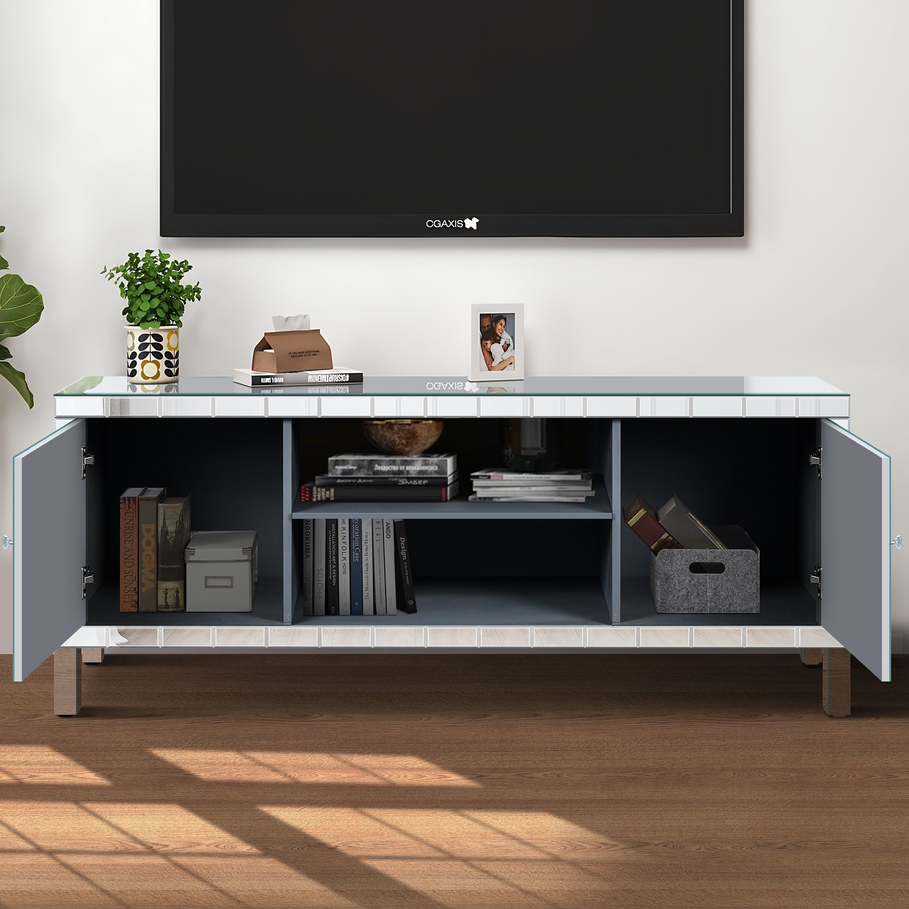 47 Inch Mirror TV Media Console with Diamond Glass Doors, Dual Door Design with Open Storage Space, Compatible with 50-Inch TVs, Modern Decor for Living Room & Bedroom