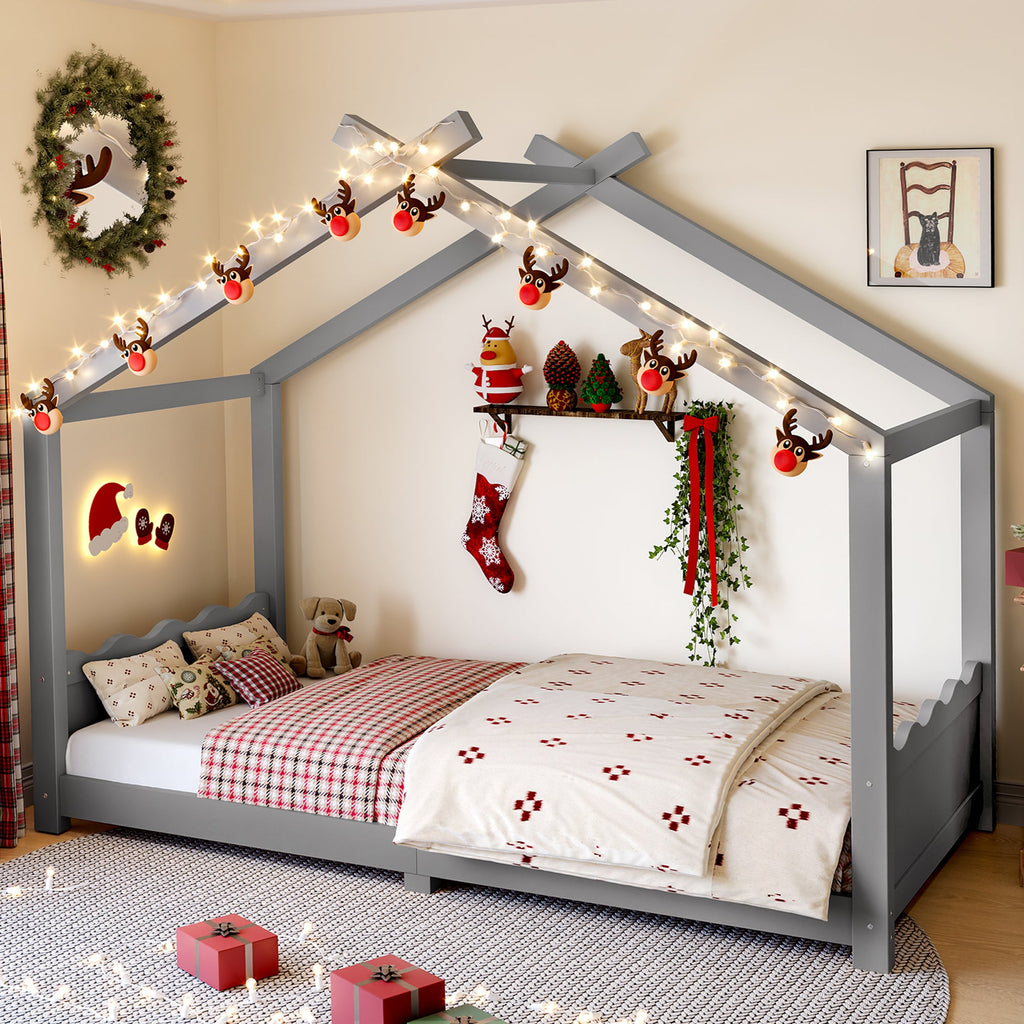 Twin House Floor Bed with Support Slats, Solid Wood House Bed Frame for Kids, No Box Spring Needed and Opening Constructure, Gray