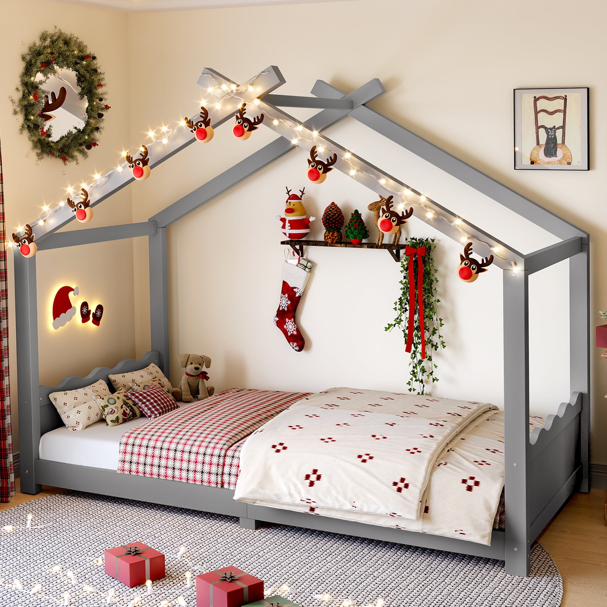 Twin House Floor Bed with Support Slats, Solid Wood House Bed Frame for Kids, No Box Spring Needed and Opening Constructure, Gray