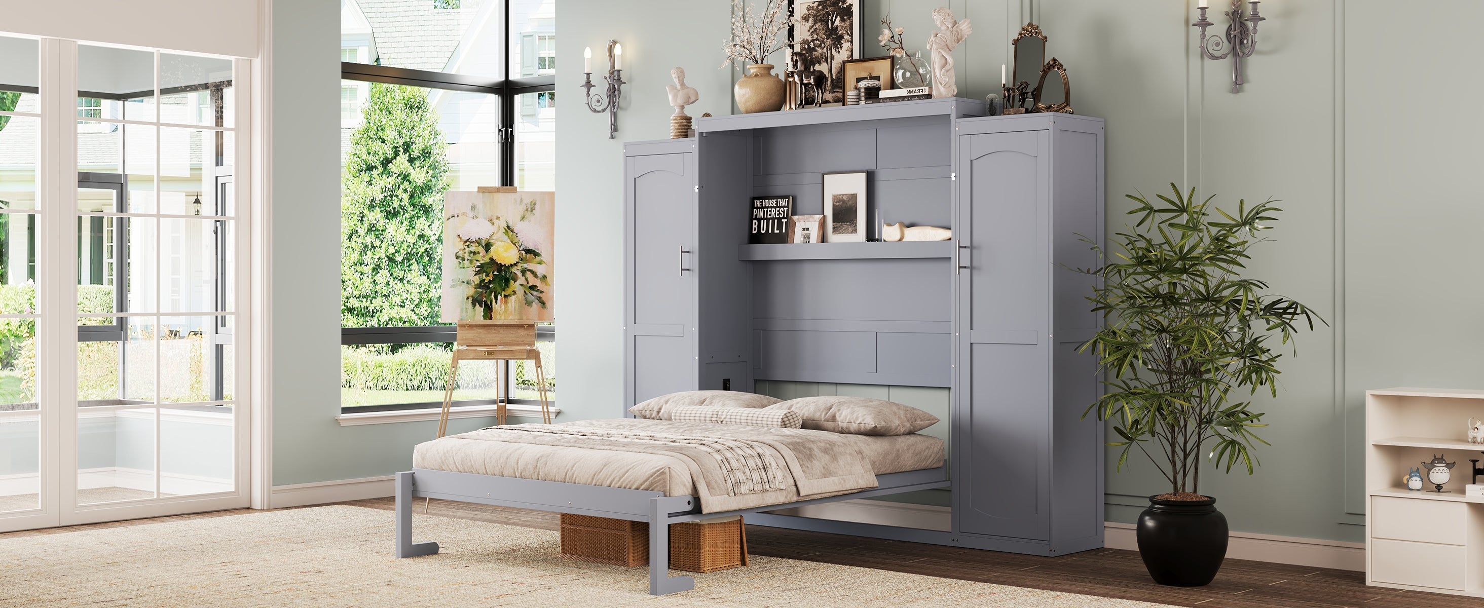 Full Size Murphy Bed, Wooden Full Wall Bed with 2 Wardrobe and Storage Shelf, Multifunctional Foldable Platform Bedframe for Guest-Room, Bedroom, Gray
