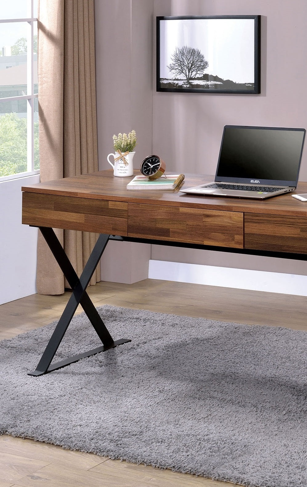 Industrial Computer Desk With Three Storage Drawers USB And Power Outlet, X-Cross Legs Black