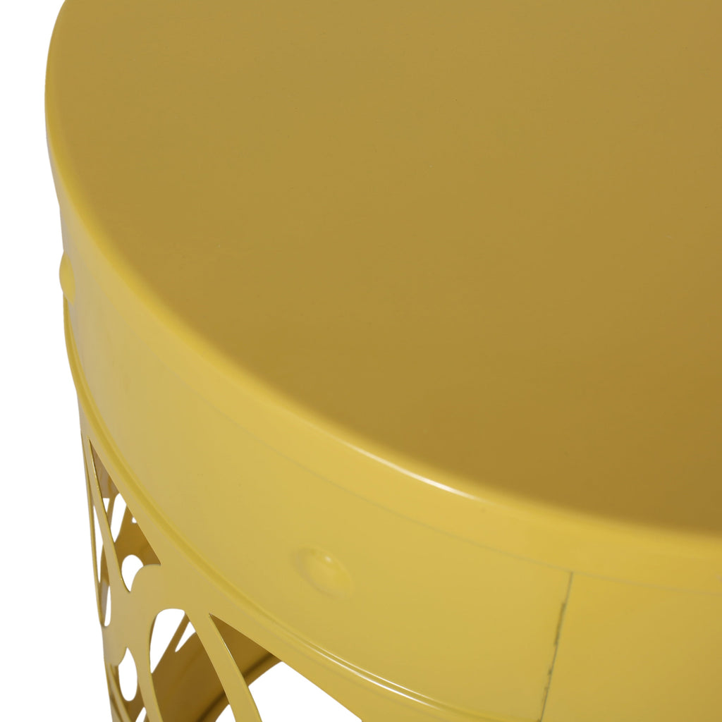Modern Outdoor Metal End Table Set of 2 with Iron Cut Design in Yellow
