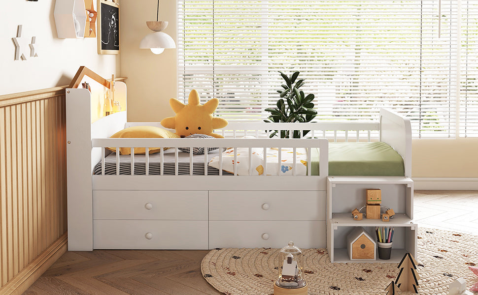 Low Loft Bed with LED Lights, Wooden Twin Loft Bed with House Shape Headboard, Kids Loft Bed with Storage Drawers, White (Expect Arrival Date 2025/1/20)