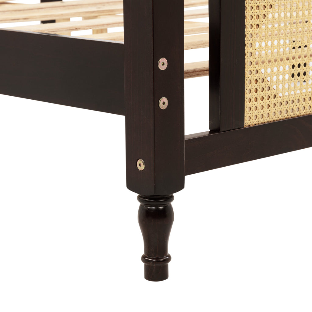 Queen Pine wooden Bed with Rattan Headboard  and Footboard, with  Central Enhanced Bed Platform ,Espresso