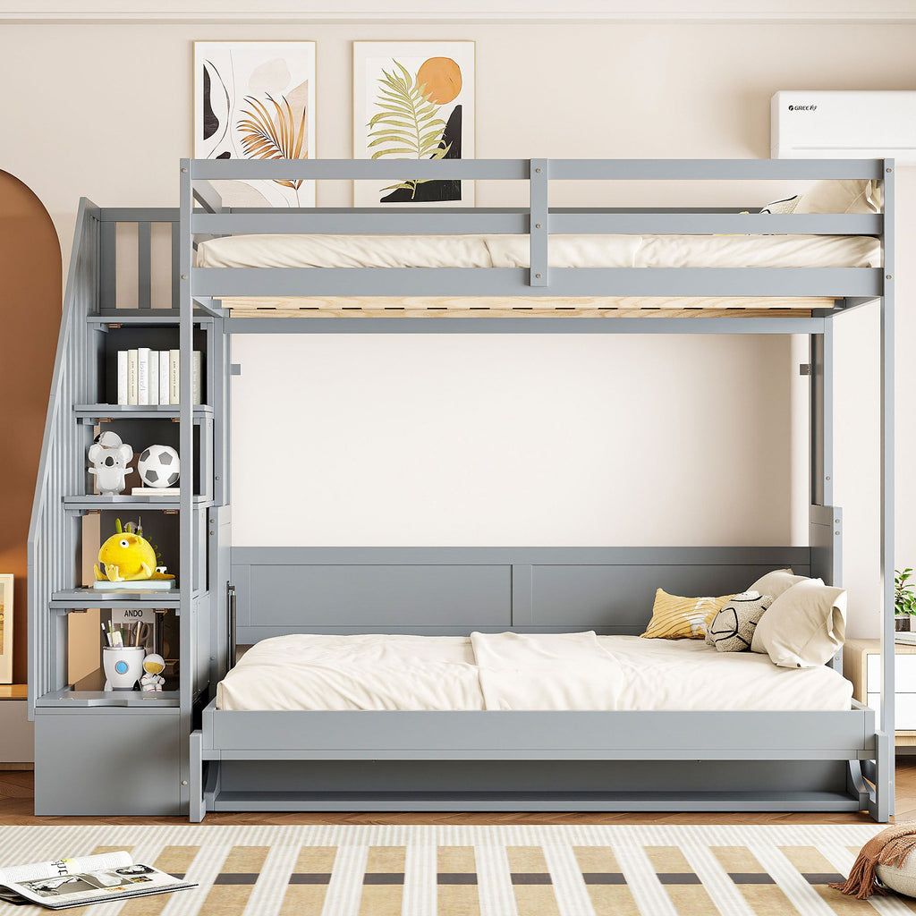 Full Over Full Size Murphy Bed with Hydraulic Lift & Desk Design, Gray