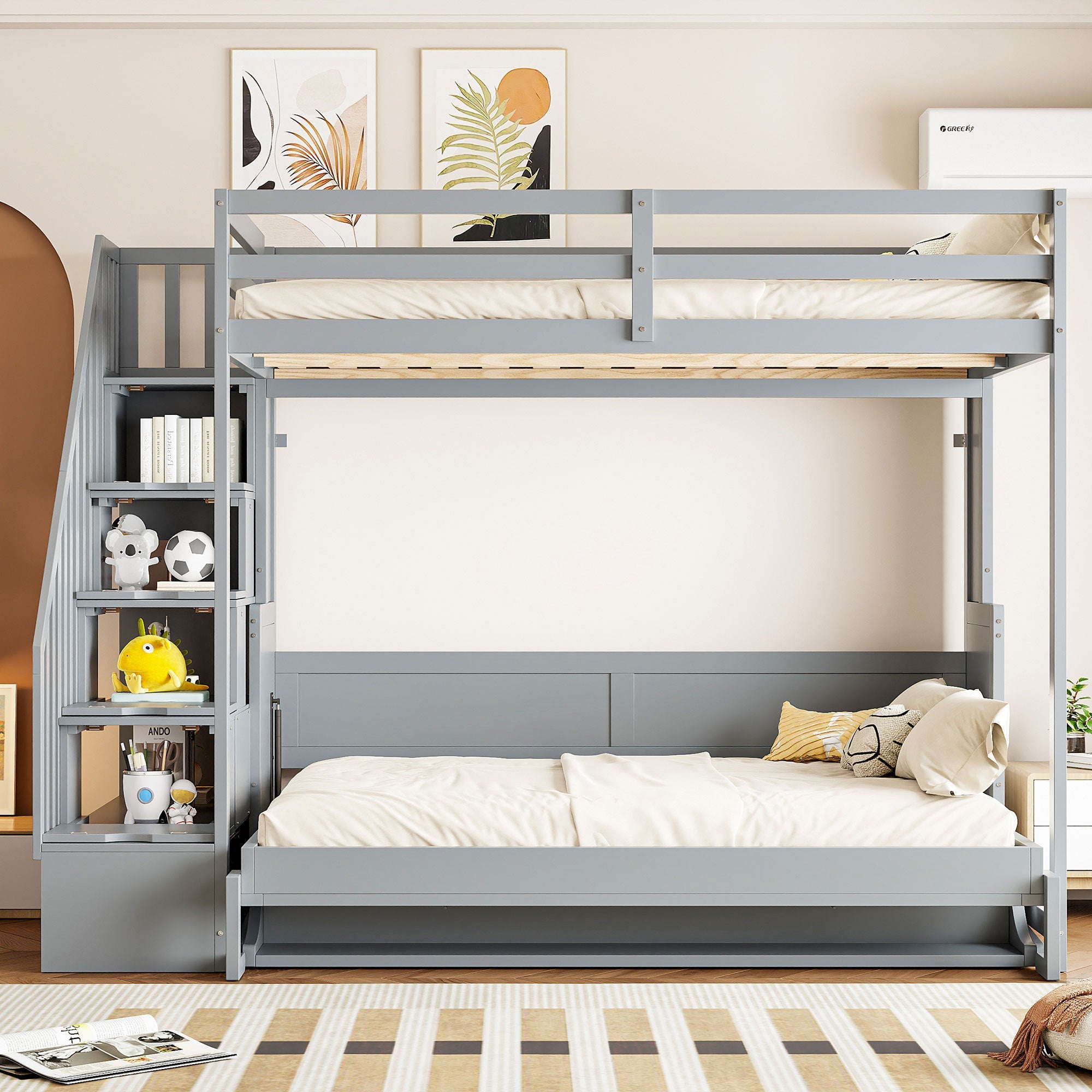 Full Over Full Size Murphy Bed with Hydraulic Lift & Desk Design, Gray