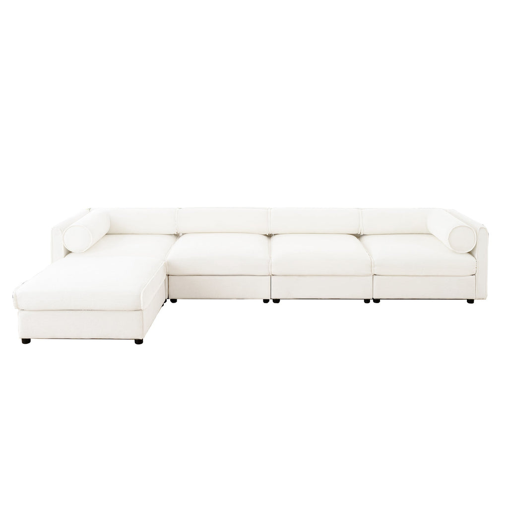 Modular Sectional Sofa with Storage, Cylindrical Backrest and Armrests Deep Comfortable Seating,Durable and Supportive for Living Room,4 Seat L- Shaped Sofa, White