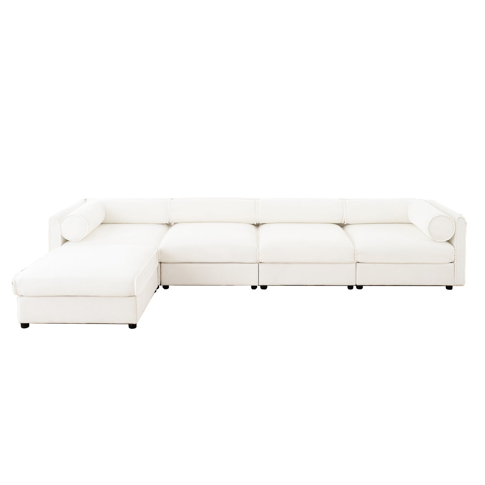 Modular Sectional Sofa with Storage, Cylindrical Backrest and Armrests Deep Comfortable Seating,Durable and Supportive for Living Room,4 Seat L- Shaped Sofa, White