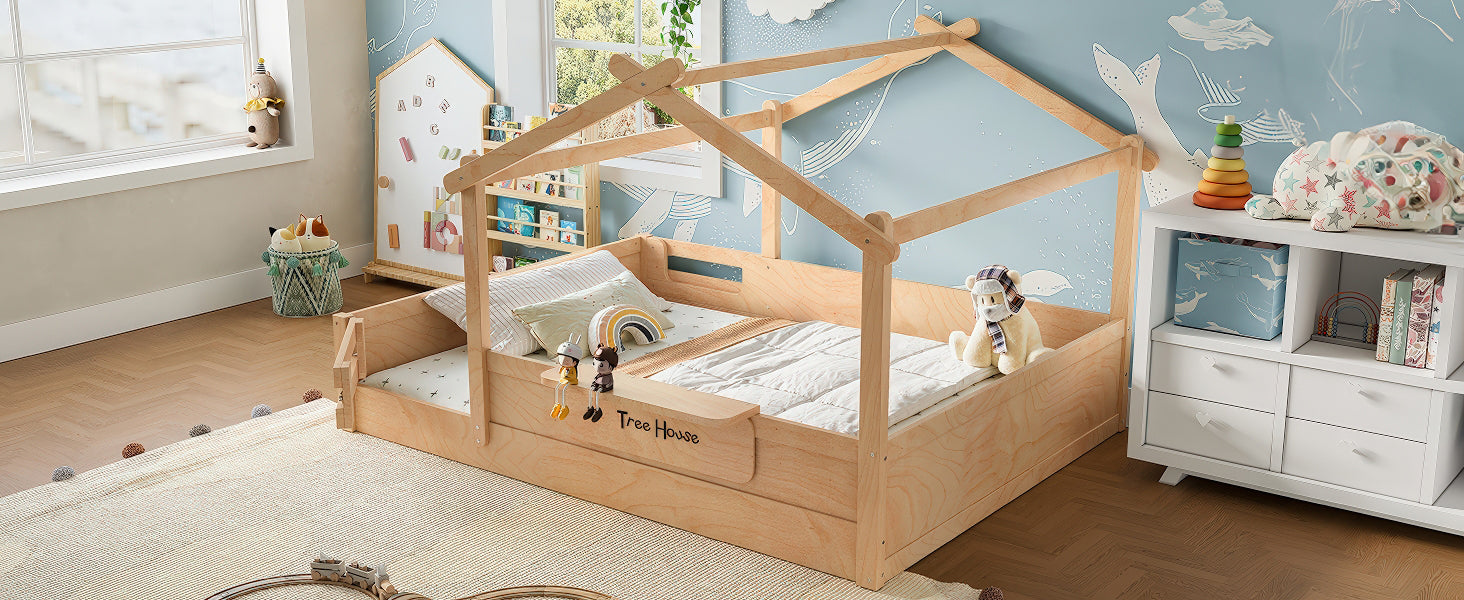 Queen Size Floor Bed with Guardrails and Roof, Kids House Floor Bed with a Small Built-in Tray and Free-installed Signboard, Childlike Design,Natural