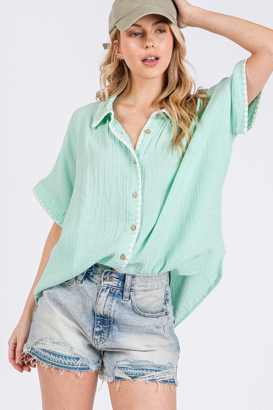 SAGE+FIG Boho Contrast Zigzag Trim Gauze Button-Up Shirt