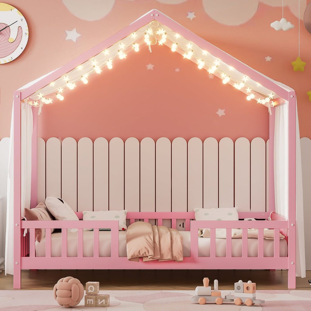 Montessori Floor Bed with Canopy, Twin Bed Frame for Kids, House Shape Kids Bed Frame with High Railings, Wood Kids Bed with Roof, Kid Twin Bed, Pink