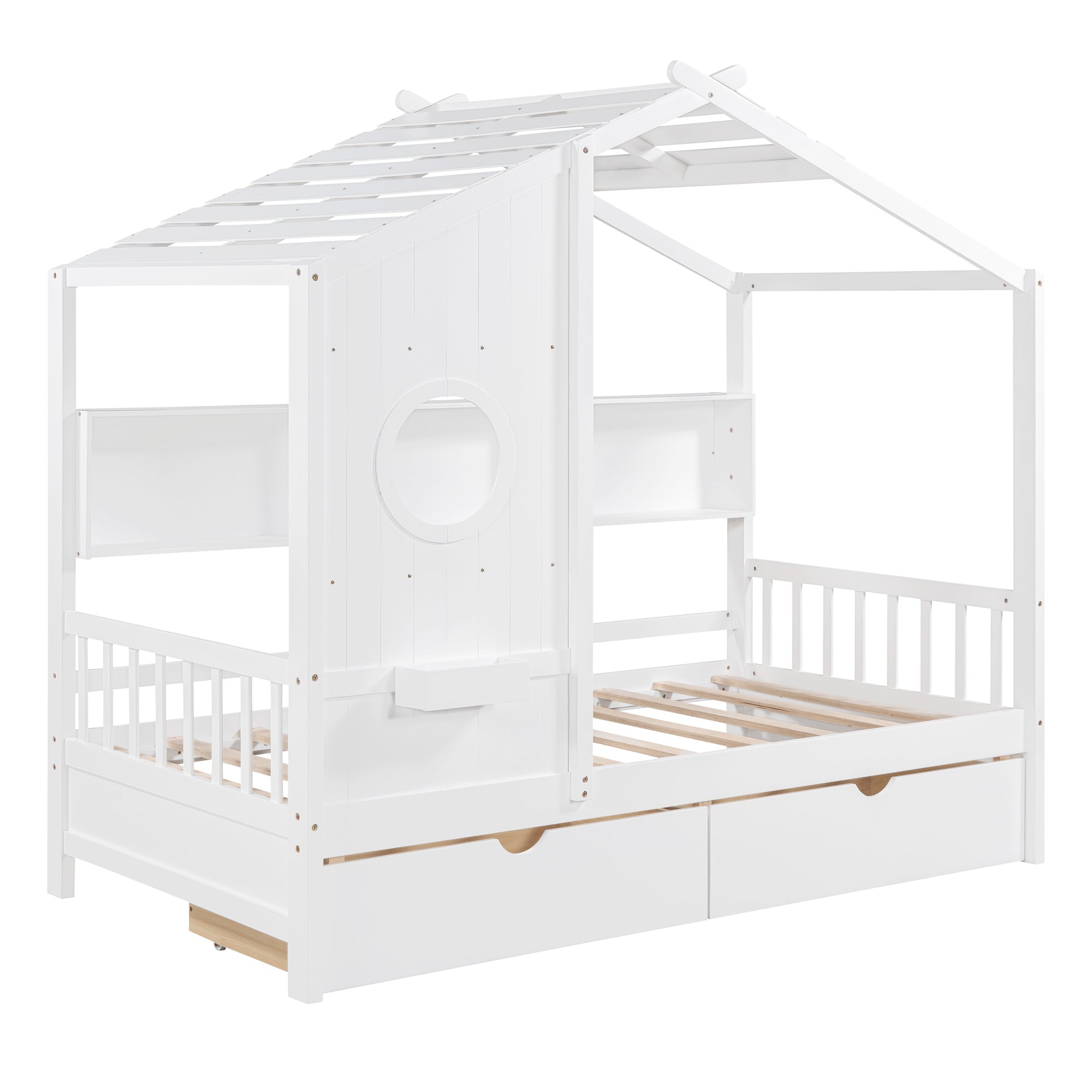 Wooden Twin Size House Bed with 2 Drawers,Kids Bed with Storage Shelf, White(Old SKU: HL000051AAK)