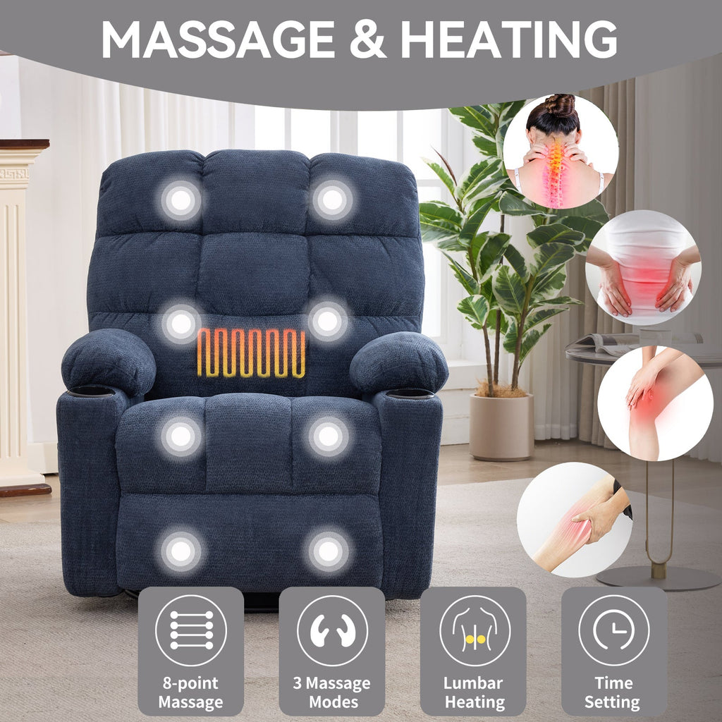 Heat Massage Manual Recliner Chair with Rocker and Swivel in Fabric for Living Room, Blue
