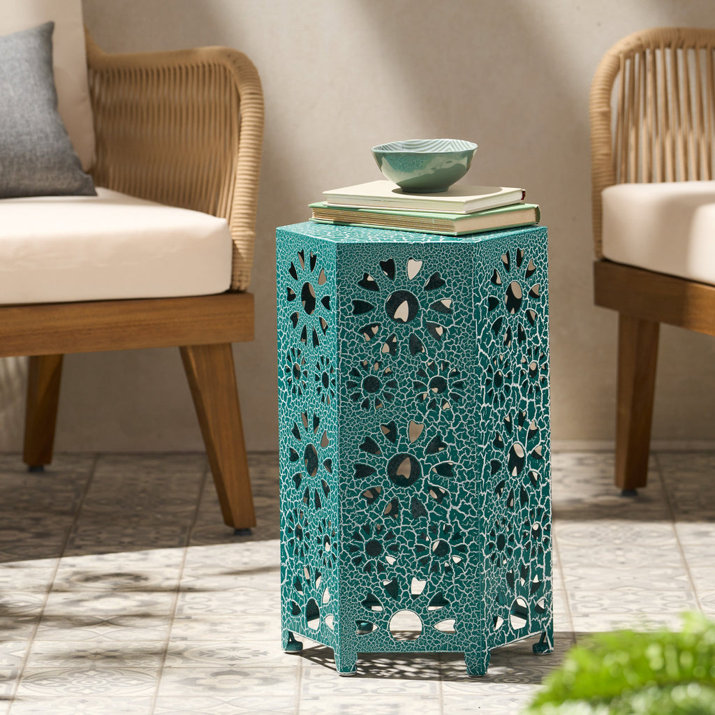 ELIANA Modern 12' Side Table with Iron Frame in Teal Finish