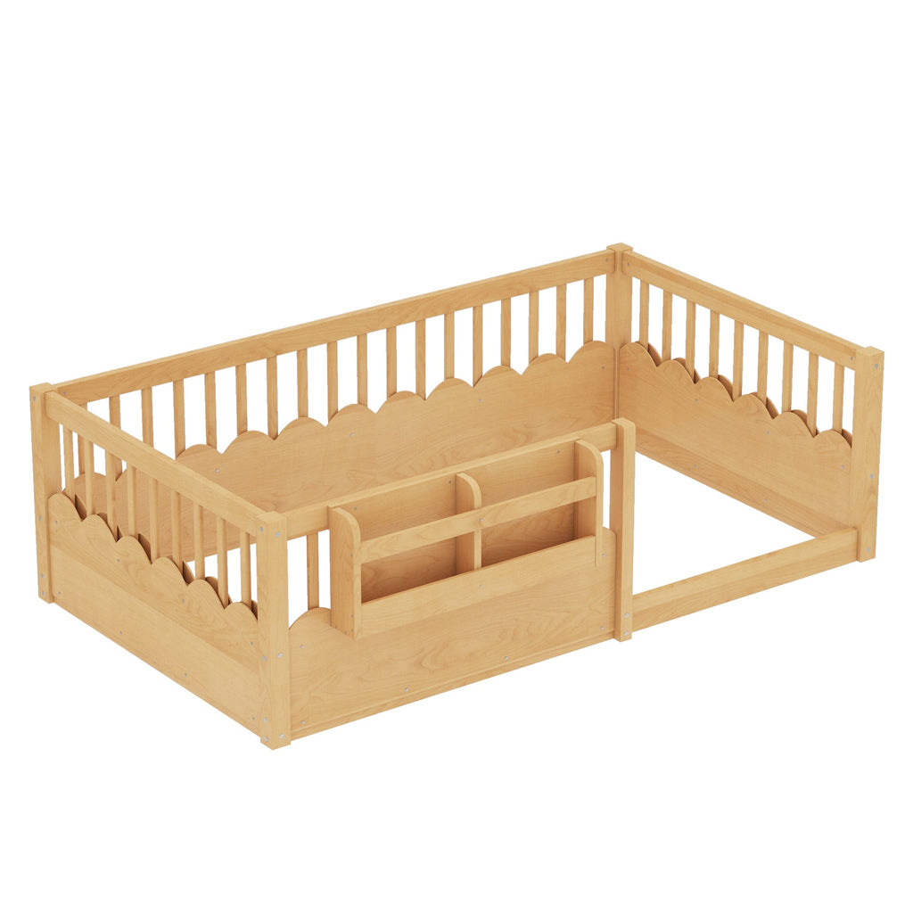 Twin Floor bed with Heightened Fence and bookshelf ,Wood Floor Bed for Kids, Natural.