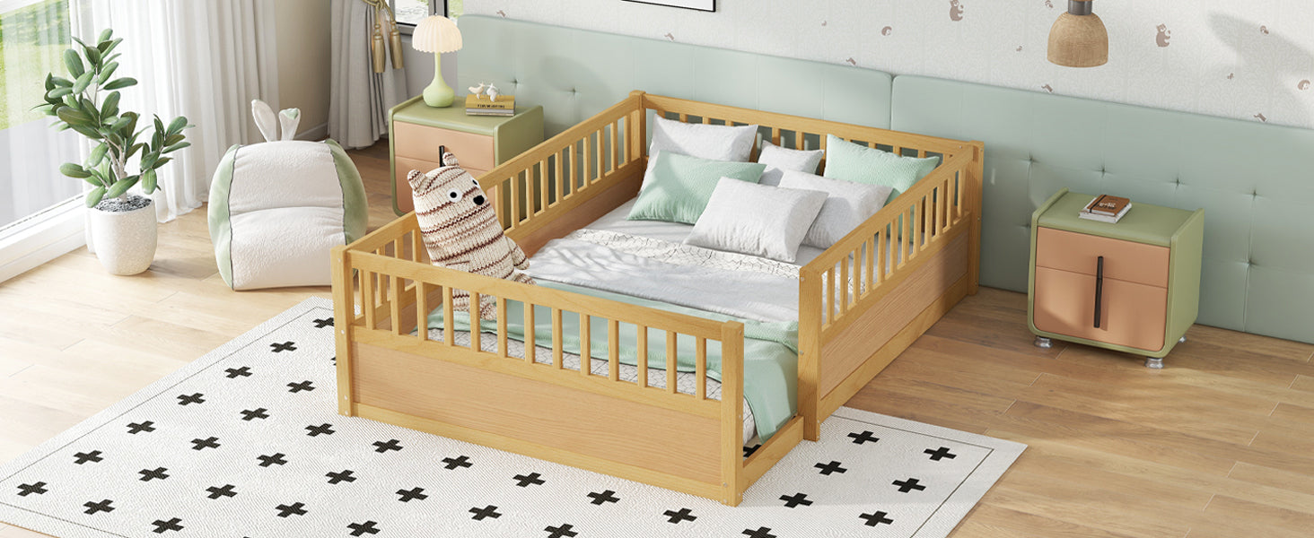 Full Floor Bed Frame with Fence, Montessori wooden children's floor bed,Wood Kids Floor Beds Frame for Bedroom Playroom,Natural