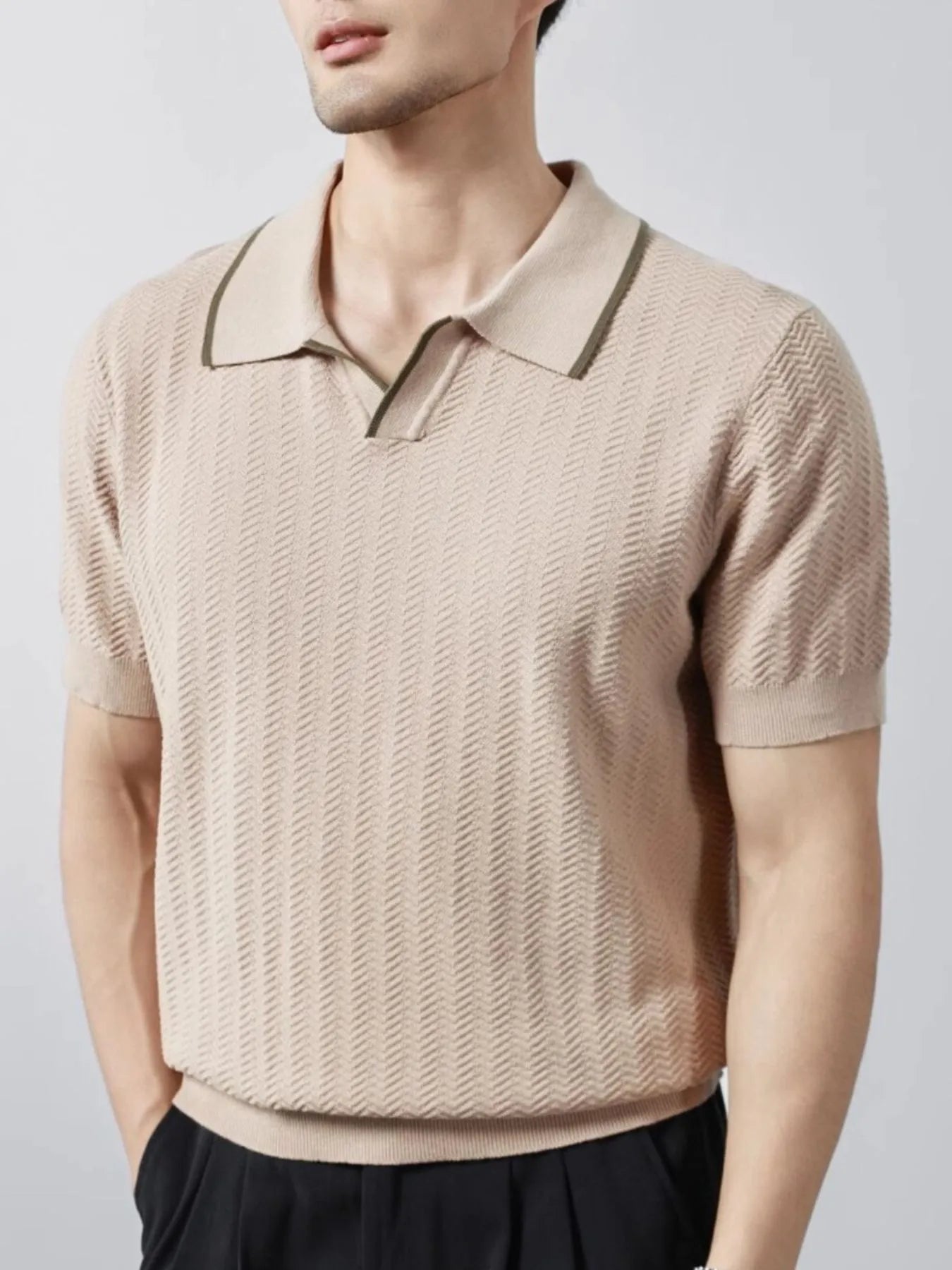 Textured Contrast Trim Short Sleeve Polo