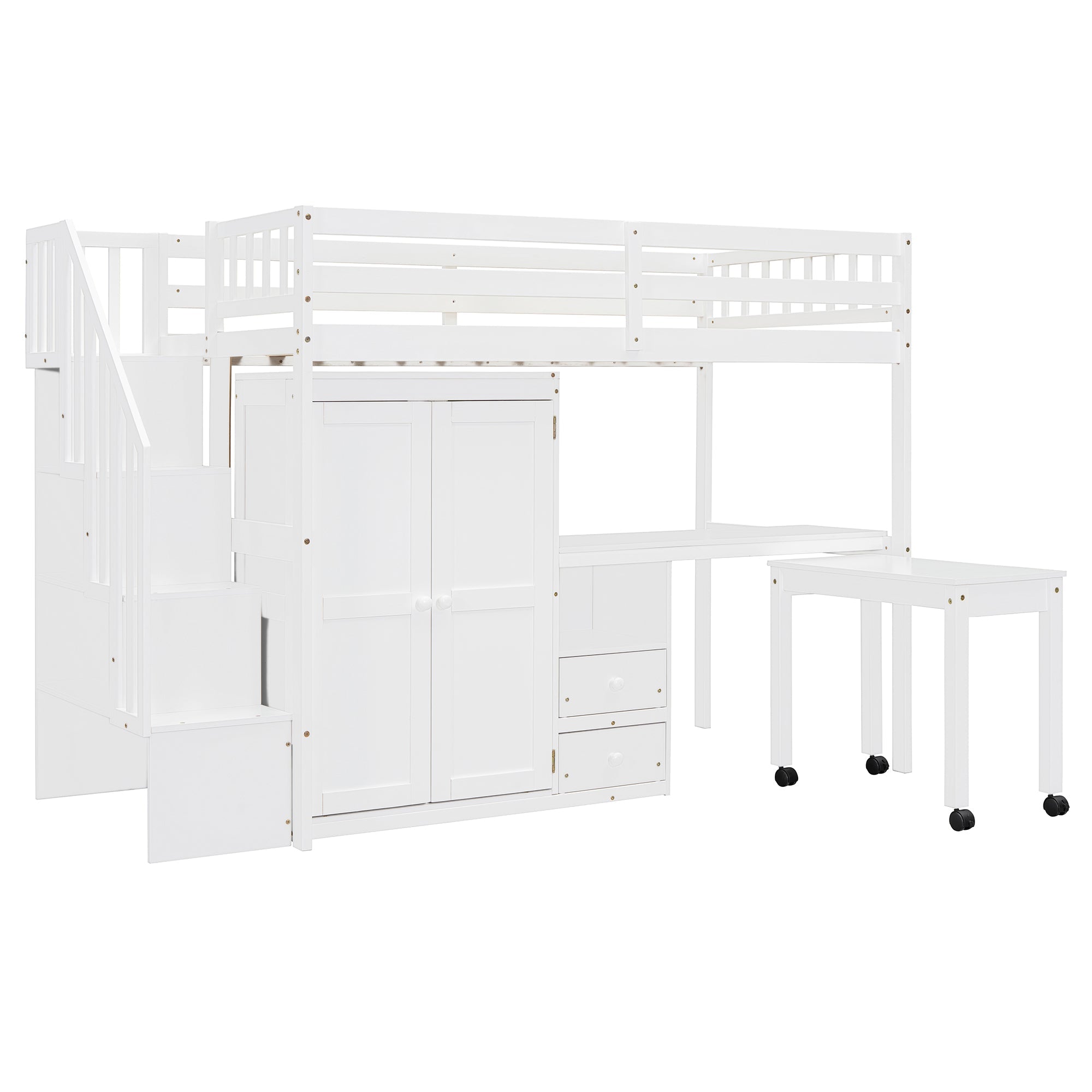 Twin Size Loft Bed with Stairs, Bookshelf, Drawers, Desk & Wardrobe – Space-Saving Multifunctional Furniture for Kids & Teens-White