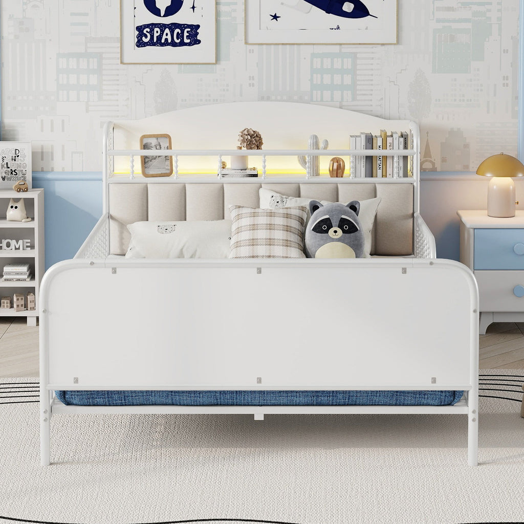 Full Size Metal Platform Bed Frame with Light, Kids Full Metal Bed with Upholstered and Storage Headboard, White (Expect Arrival Date 2025/10/5)