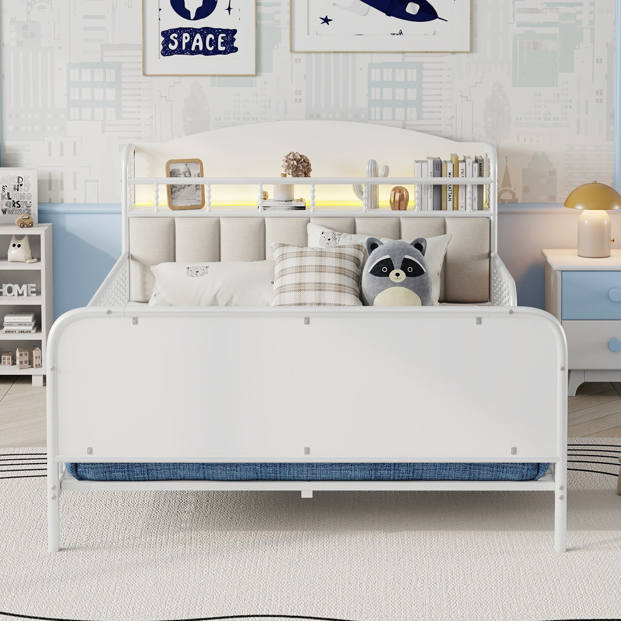 Full Size Metal Platform Bed Frame with Light, Kids Full Metal Bed with Upholstered and Storage Headboard, White (Expect Arrival Date 2025/10/5)