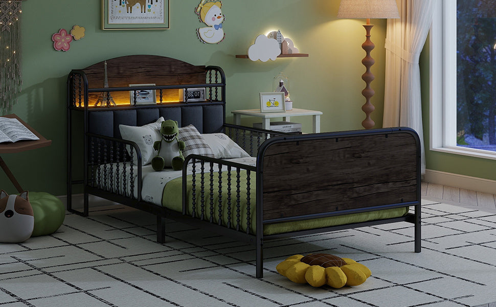 Twin Size Metal Platform Bed Frame with Light, Kids Twin Metal Bed with Upholstered and Storage Headboard, Black (Expect Arrival Date 2025/10/5)