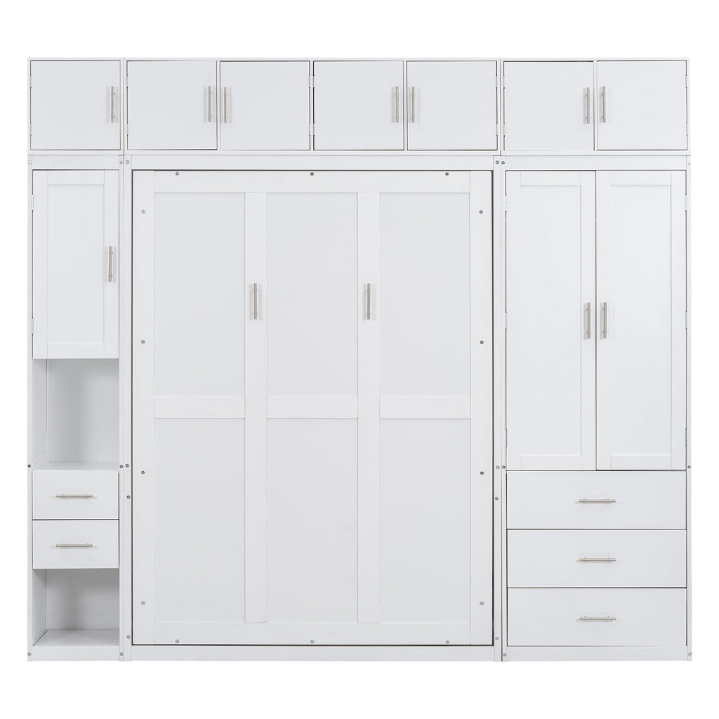 White Full Size Murphy Bed with Lockers and Wardrobes, MDF+Pine, 108.4''L x 15.7''W x 99''H